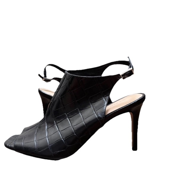 Via Spiga SZ 8 Terese Black Leather 4” Heels Crocodile Embossed Square Peep Toe - Picture 2 of 11